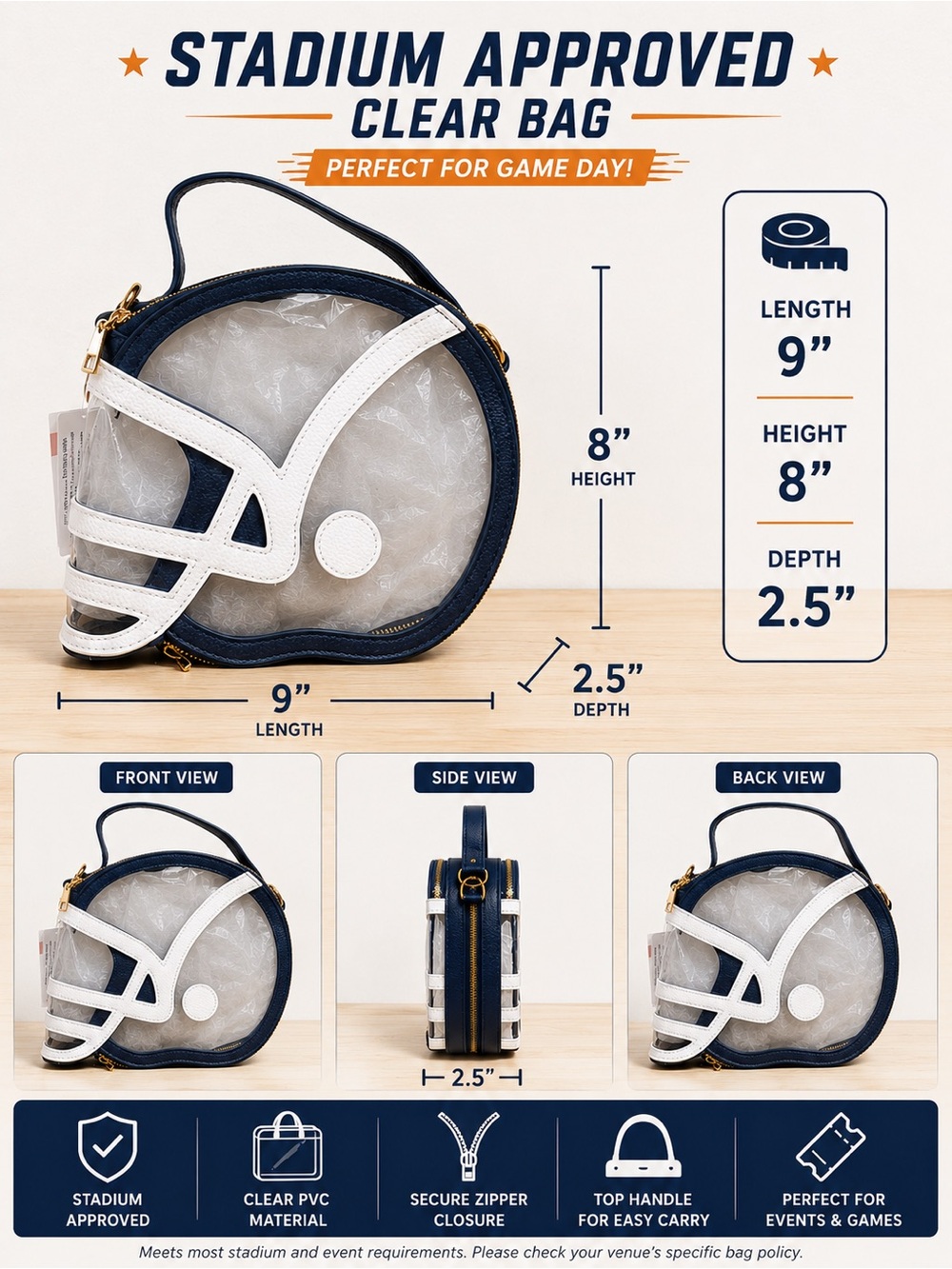 Stadium-Approved Clear Football Helmet Crossbody Bag - Navy & White